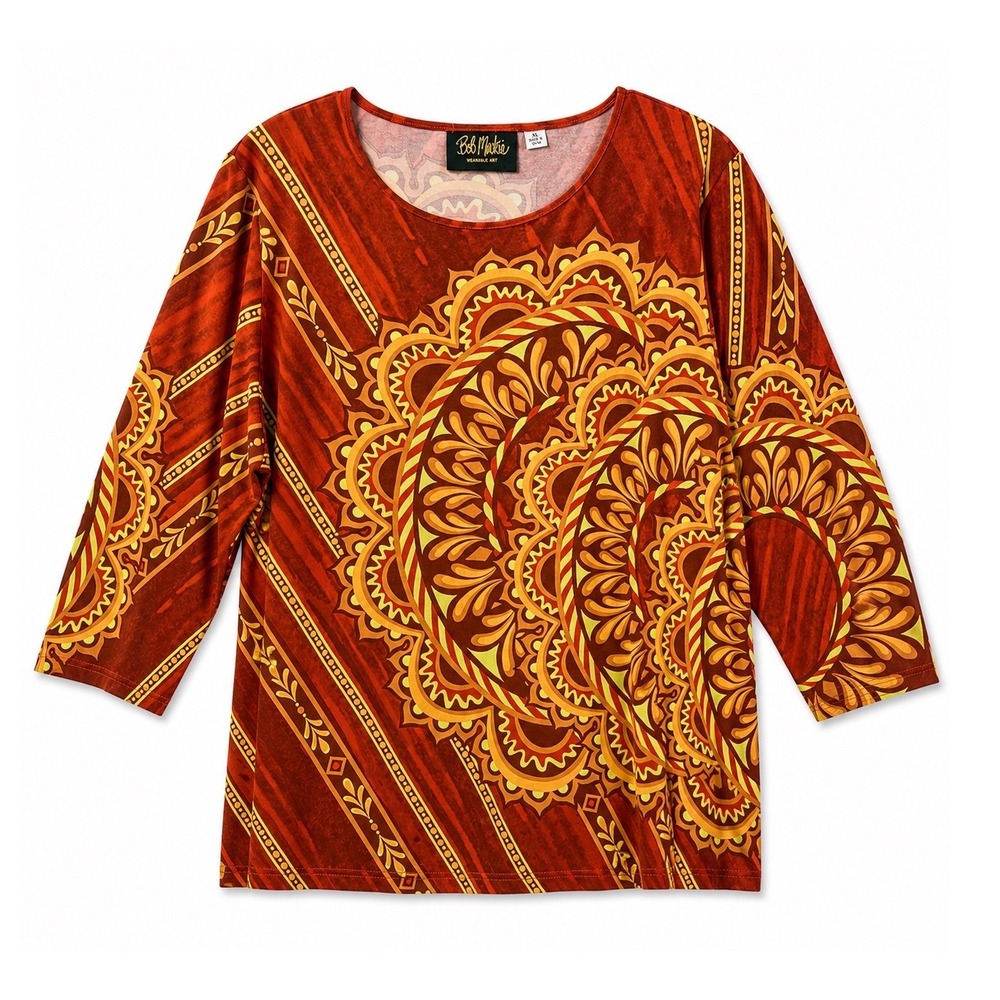 Bob Mackie Wearable Art Red Orange Mandala Print 3/4 Sleeve Top XL boho